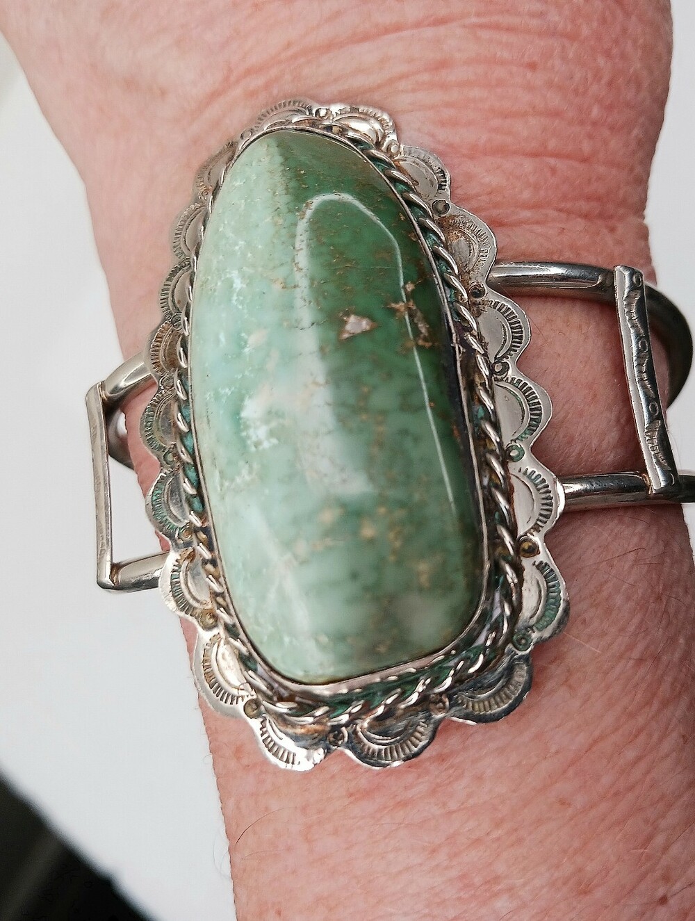 Cuff Bracelet 925 Royston 50mm Turquoise Green 48.6g Native American Signed VTG